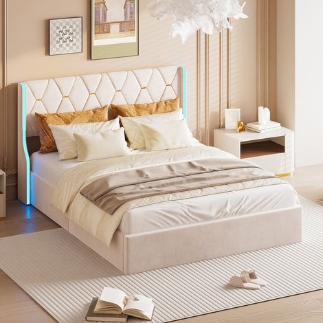 KEFSR- 140x200 Lit avec Sommier Hydraulique et Éclairage LED, Double en Velours Beige avec Tête de Lit Capitonnée et Ailes, Coffre de Rangement avec Lumière Réglable (1/5)