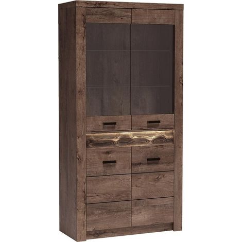 Estantería Serfeno 101, Fresno oscuro, Con puertas, Cerrable, Aglomerado laminado, Vidrio, Número de puertas: 4, Número de cajones: 0, 192x93x42cm, LED (1/3)