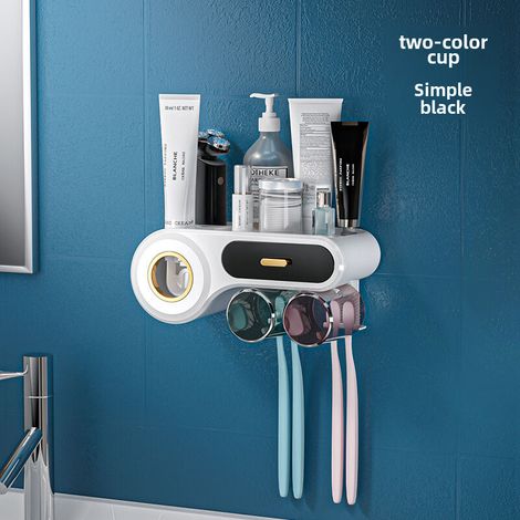 Porte-brosses à dents mural sans perçage, pour deux personnes, avec presse-tube de dentifrice et gobelet de gargarisme, rangement multifonctionnel pour la salle de bain (1/5)