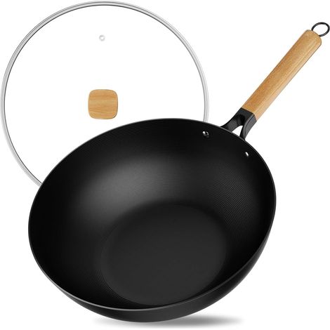 30cm Wok Antiadhésif avec Couvercle, Wok Induction Sans Revêtement Chimique Grande Capacité pour 3-5 Personnes Portions Alimentaires, Poêles à Frire pour les Cuisinières Èlectriques et à Gaz (1/5)