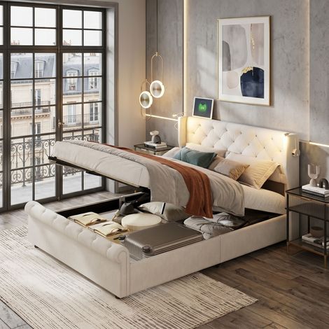 Lit coffre 160x200 cm, Lit Capitonné avec USB et 2 Lampes de Lecture, Cadre de Lit Double avec sommier, rangements hydrauliques, Velours, Beige (1/5)