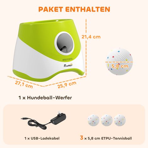 Lanceur de balles automatique interactif avec 3 balles et 3 distances (6 m, 10 m et 14 m) pour chiens de petite et moyenne taille (vert). (1/5)
