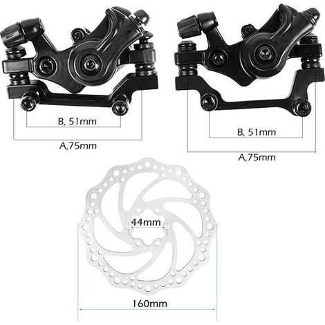 Mechanischer Scheibenbremssattel und Scheibenbremseneinheit, F160-R140/F180-R160, 160 mm, Lochabstand: 44 mm, inklusive Schrauben und Bremsbelägen, für Mountainbikes, Aluminium, Schwarz, Ausführung 1 (1/5)