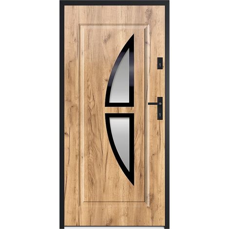 Porte d'entrée en acier vitrée et inox H207 x L100 cm effet chêne - poussant gauche - COVAS