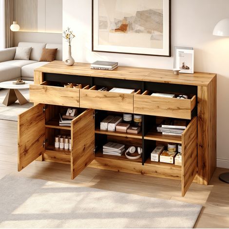 Credenza 140 x 35 x 70 cm in pannello di particelle, naturale, 3 cassetti e 3 ante DESVIAE (1/5)
