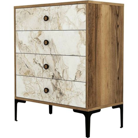 Dmora - Cassettiera Aether, Settimino multiuso, Comò camera da letto, Mobile con cassetti, 76x40h91 cm, Noce e Bianco Marmo, con imballo rinforzato, con imballo rinforzato