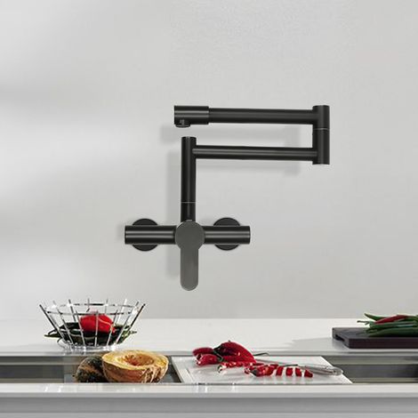 Rubinetto cucina da parete nero girevole 360° pieghevole acciaio inox 304 (1/5)