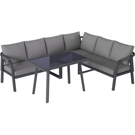 Garten Essgruppe Grau mit Ecksofa und Esstisch, Gartenmöbel Set für 6 Personen, Lounge Set Garten aus Verzinktem Stahl
