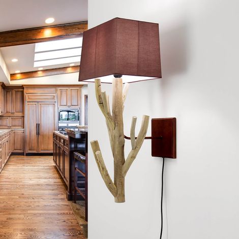 Wandleuchte E27 Rot Natur Stoff Holz Modern Wandlampe (1/5)