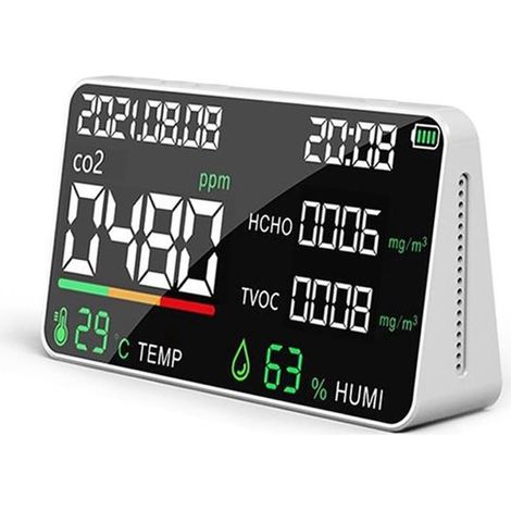 Luftqualitätsmonitor – Kohlendioxid-/Formaldehyd-Detektor – Messung des Raumklimas – Echtzeit-Datenanzeige – 2000-mAh-Akku – Weiß (1/5)