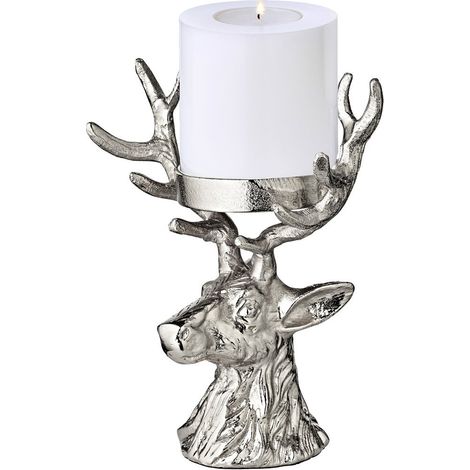 Bougeoir Cerf Décoratif en Aluminium Nickelé Hauteur 20 cm pour Bougie Pilier Ø 6 cm - PANGIVO (1/5)
