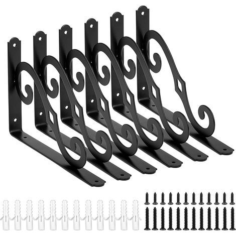 Lot de 6 supports d'étagère décoratifs 250 x 200 mm - Équerre de charge lourde - Noir - Métal - Angle de 90° avec vis (1/5)