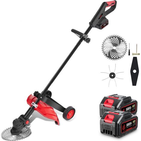 Coupe-bordure à batterie 10 pouces ,Manche pliable de 140 cm，Coupe-herbe avec roues et 3 types de lames,Avec 2x4.0 Ah batteries au lithium