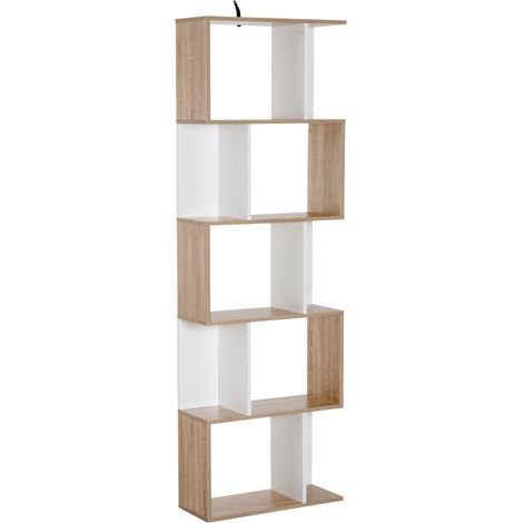 Homcom – Bibliothèque en S 5 étagères – Dimensions 60x24x184,5 cm – Panneau de particules blanc – Meuble de rangement moderne pour salon