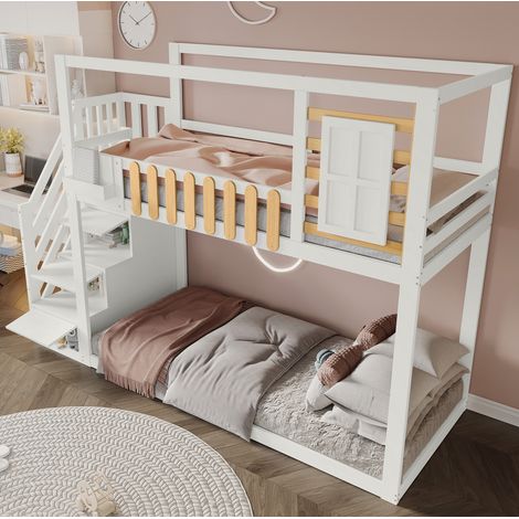 Letto a Castello 90x200 cm con Scala e Contenitore in Legno Massello di Pino (1/5)