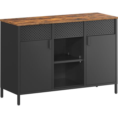 Songmics – Buffet en métal marron rustique et noir mat – Armoire de rangement à double portes – Étagères réglables – Fermeture magnétique – Dimensions 40 x 110 x 76 cm