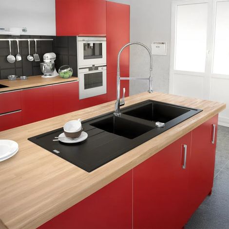 Carea Cuisine & Bain – Évier à encastrer 2 bacs noir – Carealith® résistant aux chocs et à la chaleur – Système de vidage automatique – Dimensions 117x50x18 cm (1/4)