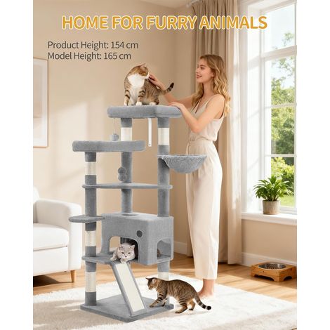 Arbre à Chat de 153 cm, Spacieux et Stable, avec 6 Griffoir, 1 Grande Niche pour Chat, 3 Grandes Plateformes, Panier Confortable, Balle en Peluche, Planche à Gratter, Gris Clair (1/5)