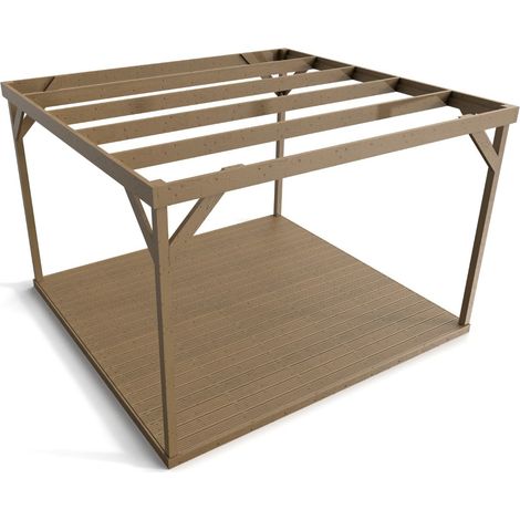 Wooden box pergola and decking, complete DIY kit (3.6m x 3.6m, Rustic brown finish) (1/5)