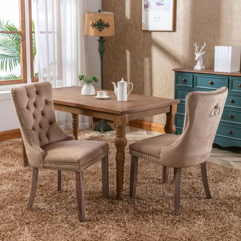 Lot de 2 Chaises de Salle à Manger Collection Nikki Haut de Gamme en Bois Massif Capitonné Velours, Pieds en Bois Garniture Cloutée, Style Moderne Naturel Couleur Kaki (1/4)