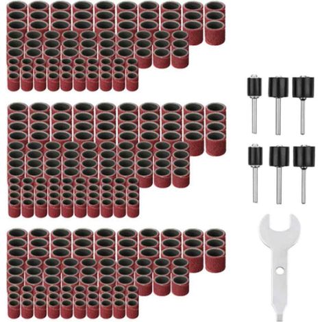 Ensemble de 307 pièces de ponceuse à tambour Kit de tambour de ponçage - Manchons de bande de ponçage 300 pièces (80 / 120 / 240 ) + Mandrins de tambour 6 pièces pour outil rotatif + 1 clé combinée