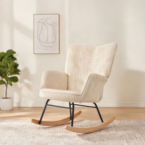 Fauteuil à bascule en tissu côtelé beige avec dossier capitonné (1/5)