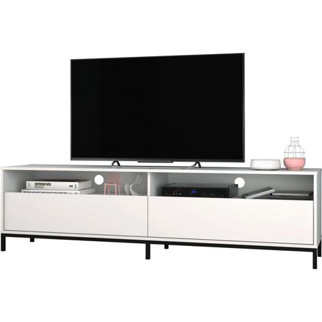 Meuble TV 70 Pouces 2 Abattants 4 Niches Blanc Pieds Métal L 180 H 49 P 38 cm (1/5)