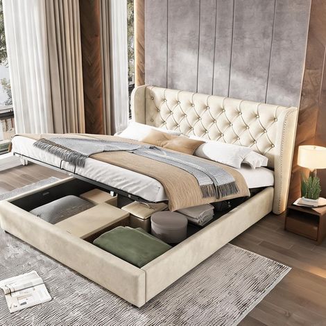 Cadre de lit beige en velours 207 x 146 x 99 cm (1/5)