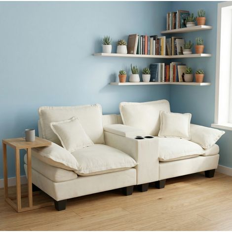 Sofas gerade - Modulares Sofa mit Getränkehalter, Stauraum und 2 Kissen, Segeldesign, in Chenille beige (1/5)