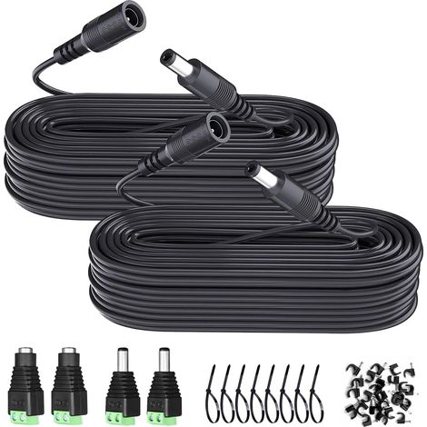 Lot de 2 rallonges d'alimentation CC de 10 m - 5,5 mm x 2,1 mm - 12 V CC - avec connecteurs d'alimentation - Clips de câble - pour caméra de Surveillance, lumière LED et Plus Encore - Noir (1/5)