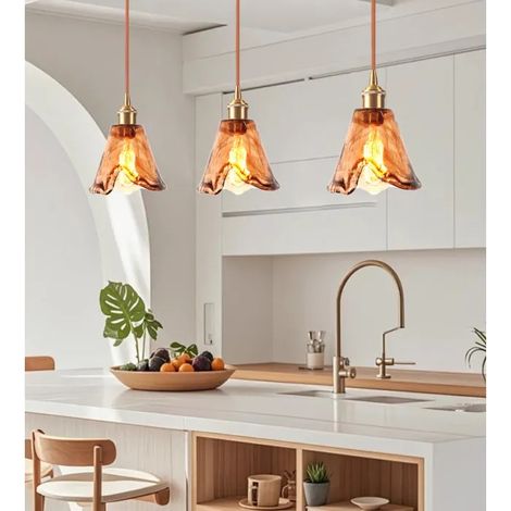 3x Lustre Suspension en Verre Ambre,Retro Lampe de Plafond Creatif Abat-jour en Irrégularités E27 Luminaire Style (1/5)