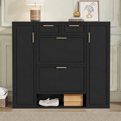 Moderner Schuhschrank mit verstellbaren Einlegeböden und goldfarbenen Griffen – schmaler Flurschrank mit 2 Türen und 2 Kippfächern – 120 x 24 x 107 cm – Schwarz