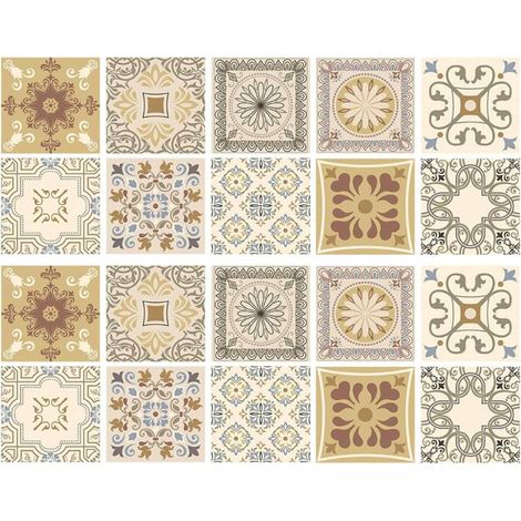 Decal Carrelage Marocain - 20 Pièces Auto-Adhésifs 15x15 cm - Imperméables - Pour Cuisine Salle de Bain Séjour - Style Rétro (1/5)