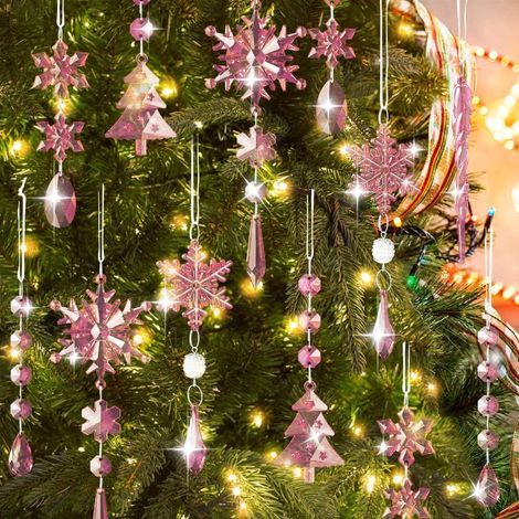 18-teiliges Weihnachtsdekorationsset – Baumschmuck aus Kristall und Acryl, hängende Schneeflocken und Eiszapfen, Winterbaumanhänger für drinnen und draußen – Rosa (1/5)