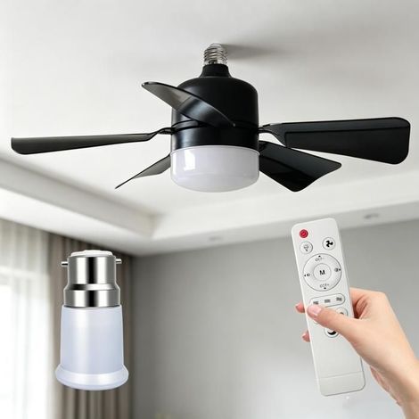 Ventilateur de plafond E27 Noir Silencieux 5 Pales Moteur Sans Balais 3 Couleurs Lumière Minuterie 1/2/4H Avec Adaptateur B22 (1/5)