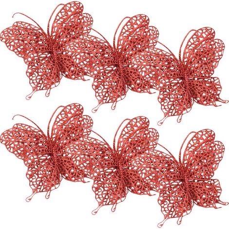 Weihnachtsschmetterlinge, Weihnachtsbaumschmuck, künstliche Blumen (6er-Set) rot (1/5)