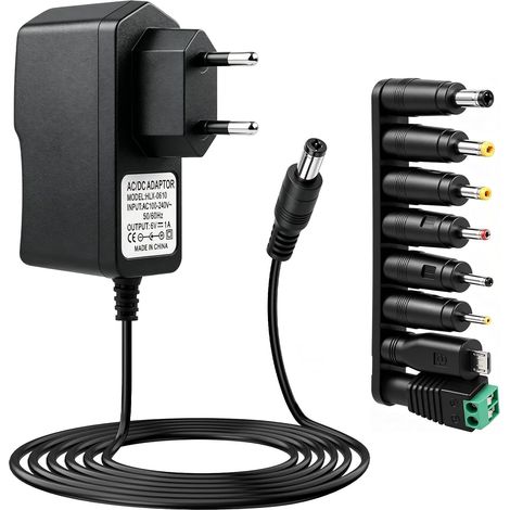 12V 1A Chargeur Adaptateur, AC 230V 220V vers DC 12V 1000mA avec 5,5mm x 2,1mm avec 8 Connecteurs Alimentation Universel Adaptateur Secteur pour Caméra Tablette Scanner TV Box LED CCTV Disque (1/5)