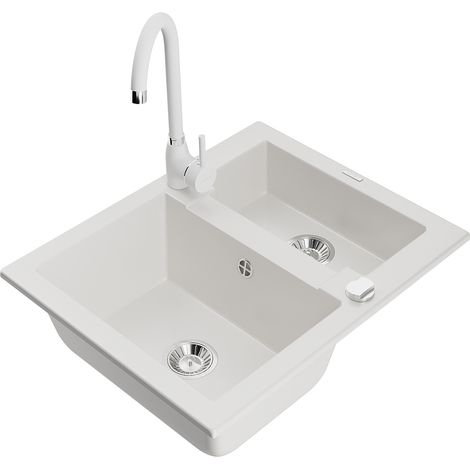 Mexen Carlos fregadero de granito de 1,5 senos con grifo de cocina Telma, blanco - 6518-20-670200-20 (1/5)