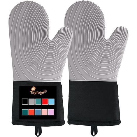 Guantes de silicona para horno: guantes de horno extendidos con forro suave, sin BPA, fáciles de limpiar y flexibles. Juego de guantes de horno para cocinar, hornear y asar a la parrilla (gris). (1/5)