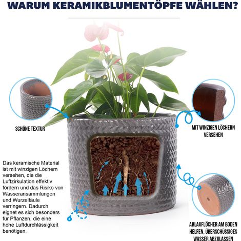 Pot de fleur en céramique artisanal Ø37 cm, gris brillant à relief chevrons, respirant, résistant au gel avec trou de drainage pour grandes plantes d'intérieur et de jardin. (1/5)