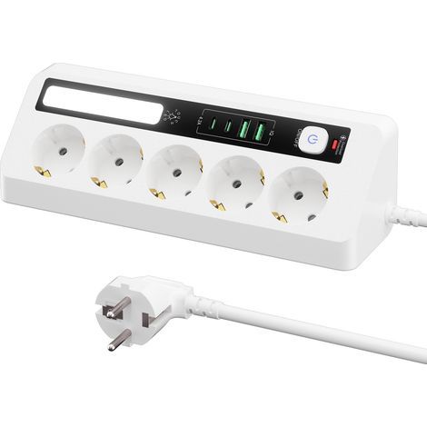 5-fach Steckdosenleiste für den Schreibtisch mit 4 USB-Anschlüssen (2 USB-A + 2 USB-C), LED-Anzeige, Winkelstecker mit Schalter und 2 m Kabel, ideal für Büro und Zuhause – Weiß (1/5)