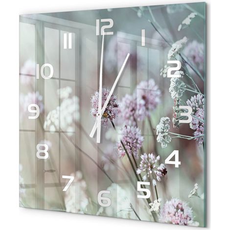 Grande Horloge Murale Carrée Décoration Cuisine en Verre Trempé Silencieuse Moderne Fleurs sauvages 60x60 cm (1/5)