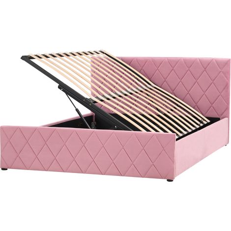 Cama con somier de terciopelo rosa 140 x 200 cm almacenaje cabecero Rochefort (1/5)