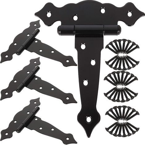 Lot de 4 charnières de porte de 15,2 cm pour abri de jardin, grange, charnières de portail robustes pour clôtures en bois, charnières décoratives classiques noires (1/5)