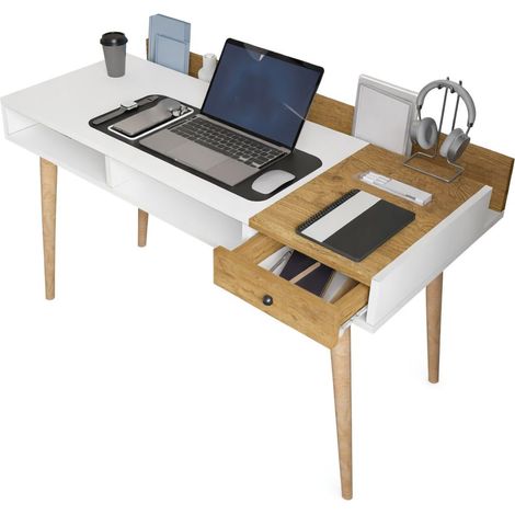 Consola Carugo, un estante, 2 compartimentos, color blanco, 120x53x72h cm, marrón roble