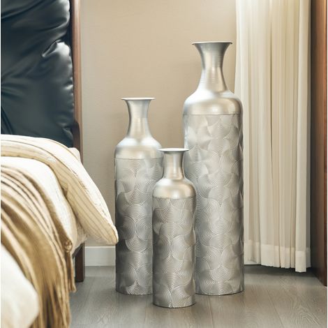 Jarrones de suelo decorativos de metal, 3 piezas, motivo ondulado, plateado, 50/66/83 cm OKMYHOME (1/5)