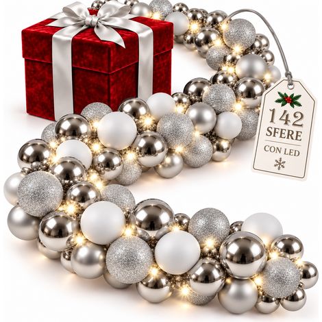 Ghirlanda Natalizia 180cm con Led Addobbo Argento Natale Lucido Opaco e Glitter (1/5)