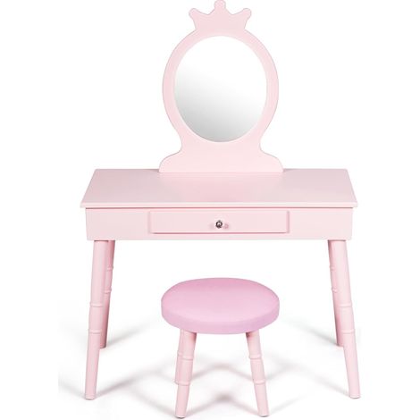 COSTWAY Toeletta in Legno con Specchio per Bambini, Set Tavolo e Sedia Toeletta per Bambini, Mobile da Trucco con Cassetti e Sgabello Imbottito, Rosa (1/5)