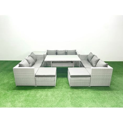 Fimous Ensemble de meubles de jardin en polyrotin 11 places  avec 2 Grands Tabourets Table d'appoint Gris clair mélangé (1/5)