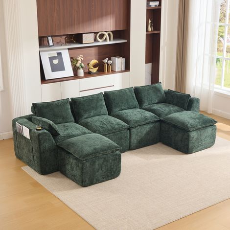 REDOM - Canapé modulaire 4 places 322x161x75 cm, poches latérales, coussins, combinable librement, chenille verte (1/5)